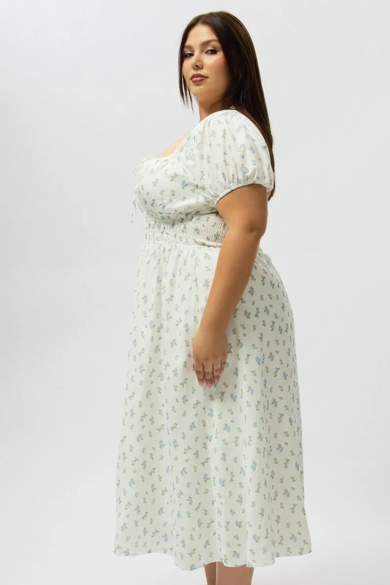 Blue Ditsy Midi Dress Short Sleeve Ruched Bust Earthy Hue Tulle Air