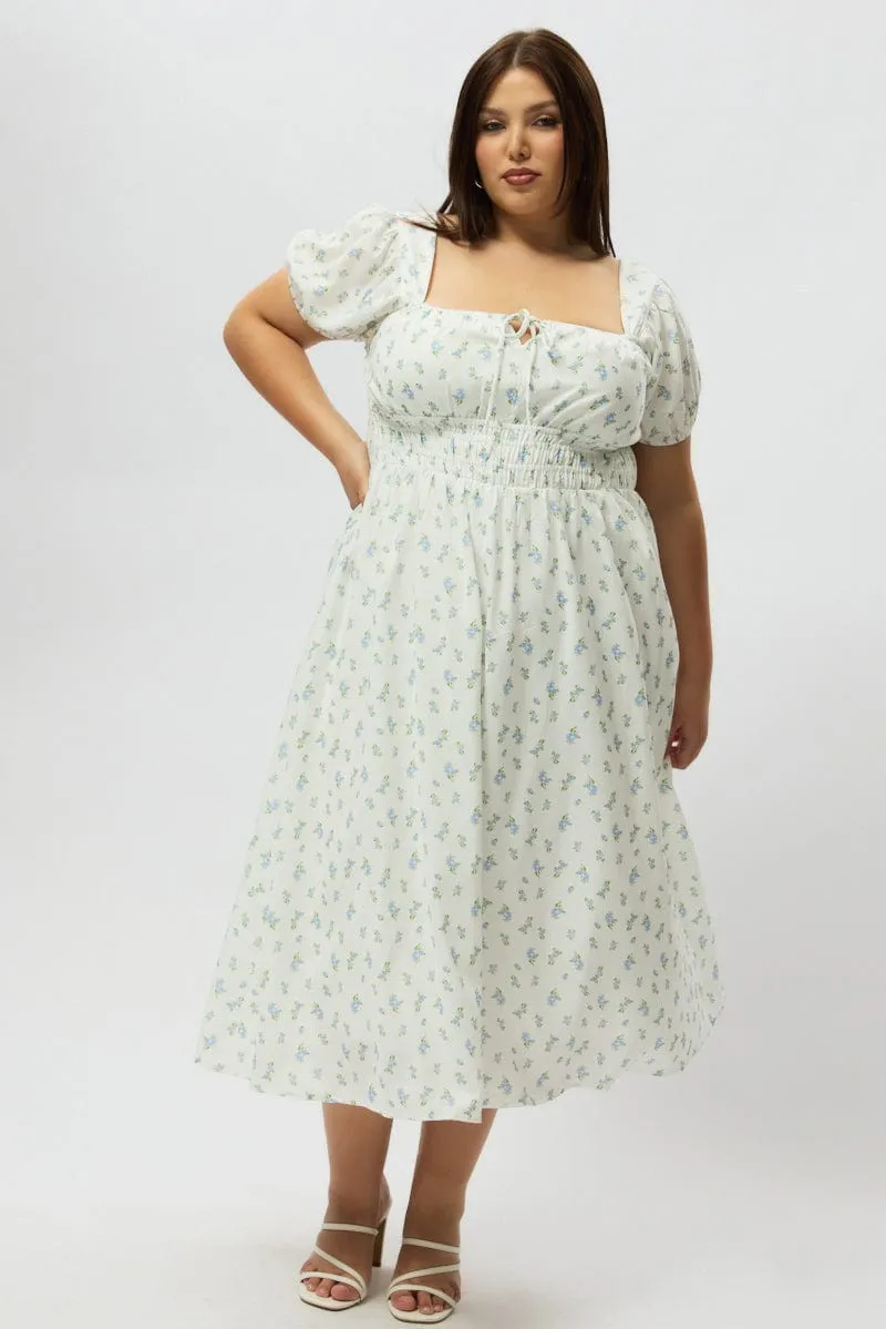 Halter neck Eye Appeal Blue Ditsy Midi Dress Short Sleeve Ruched Bust