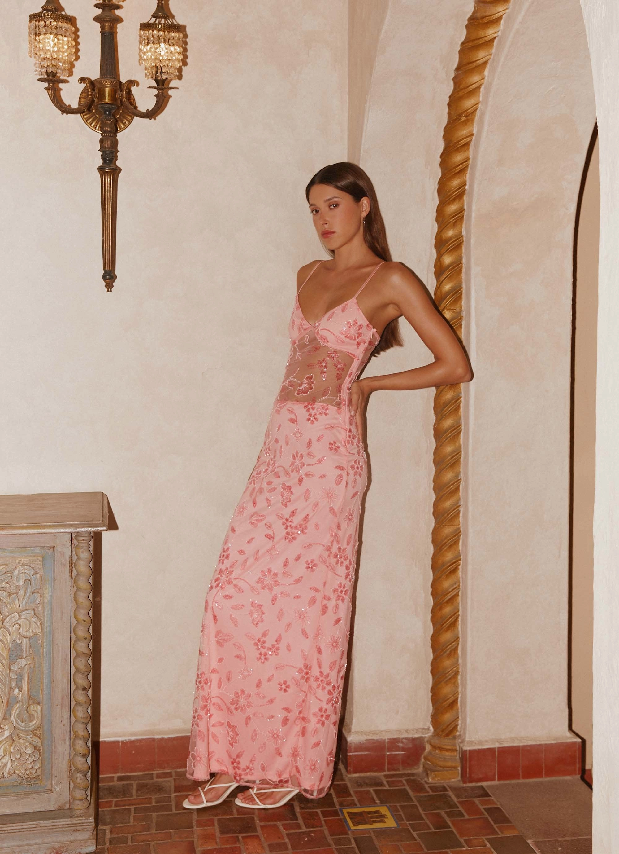 Akira Beaded Maxi Dress - Pink Orange Timeless Wearable