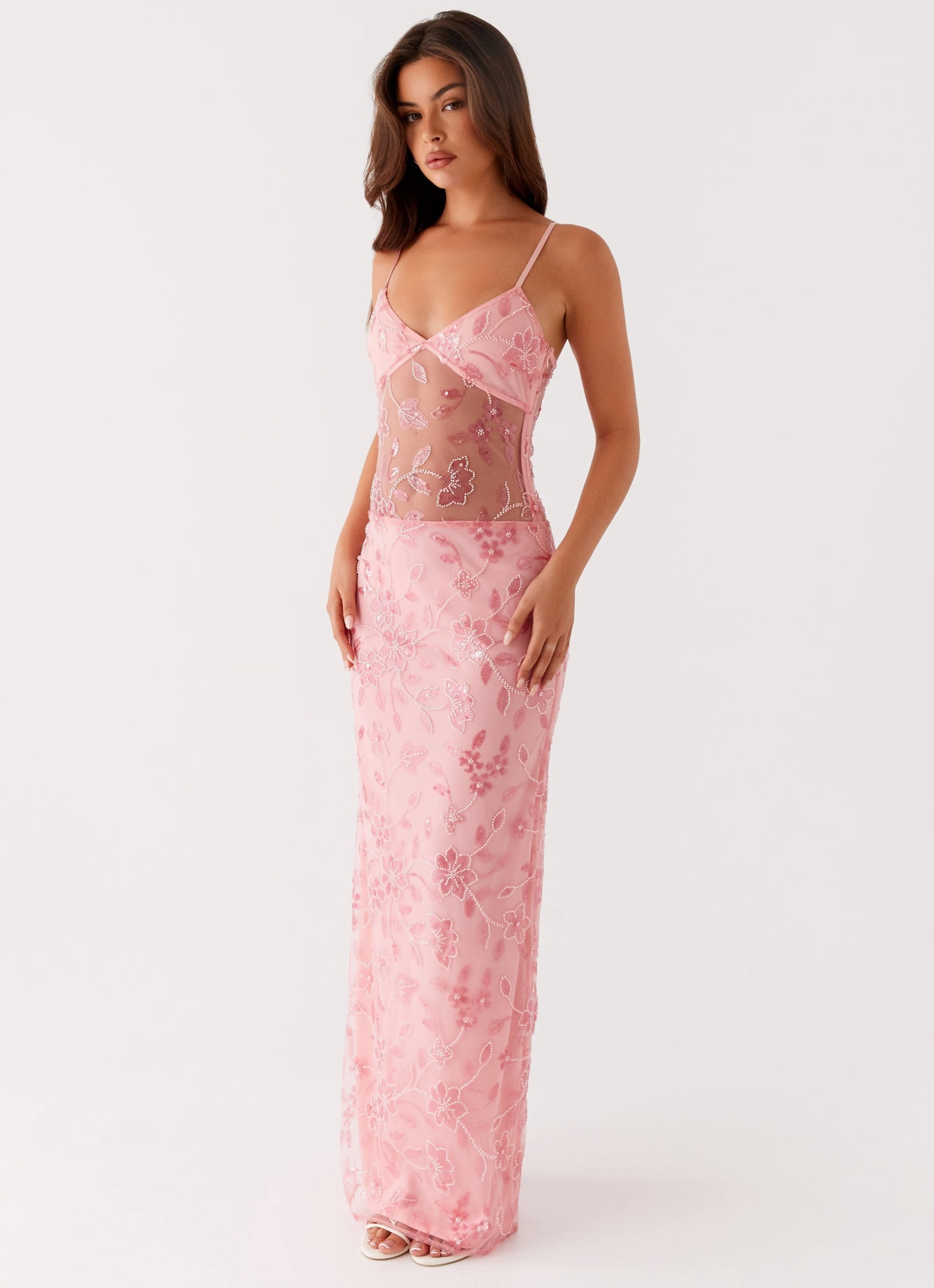 Akira Beaded Maxi Dress - Pink Orange wrap waist