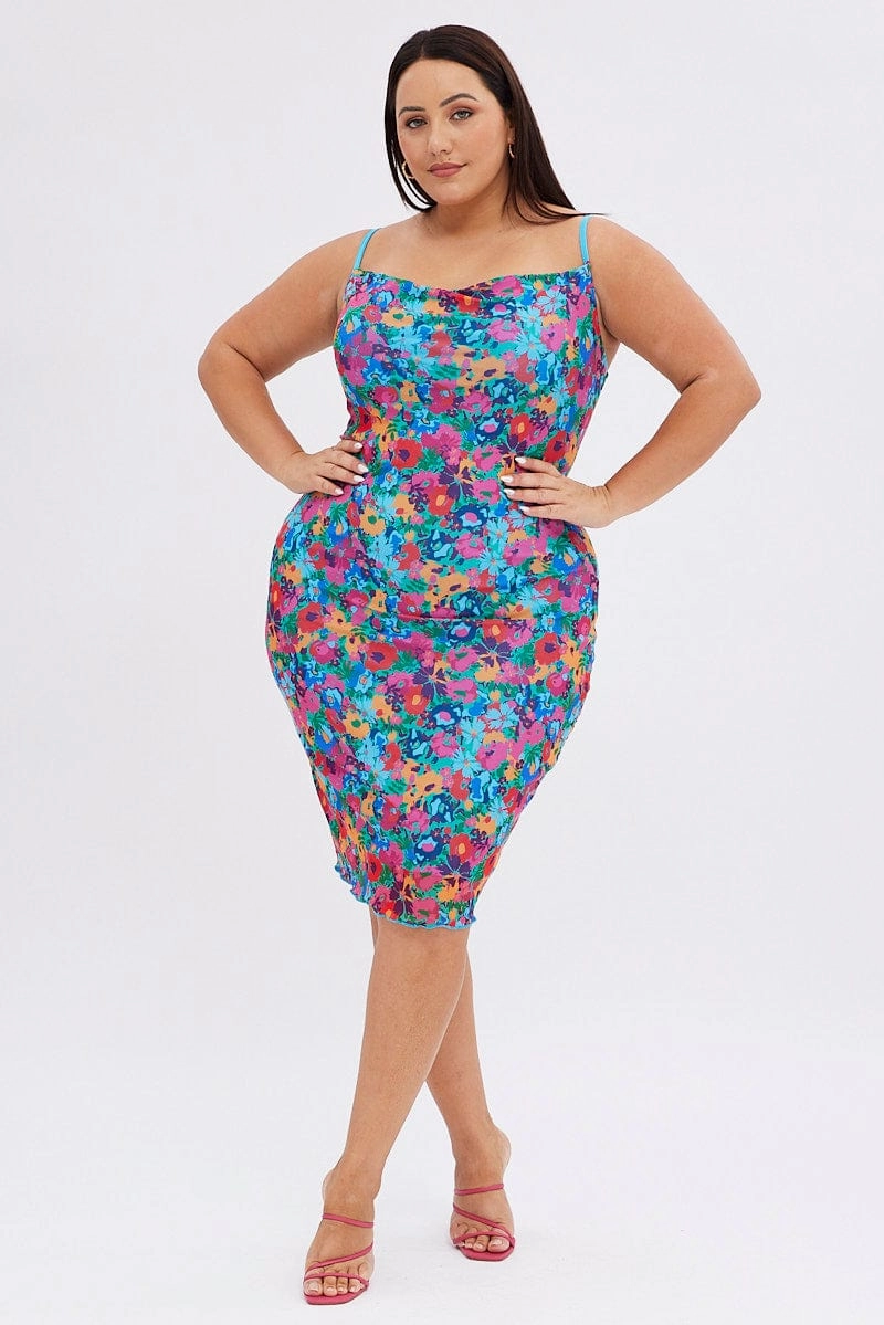 Eco-friendly Multi Abstract Bodycon Dress Tie Back Strappy Swirl Mesh