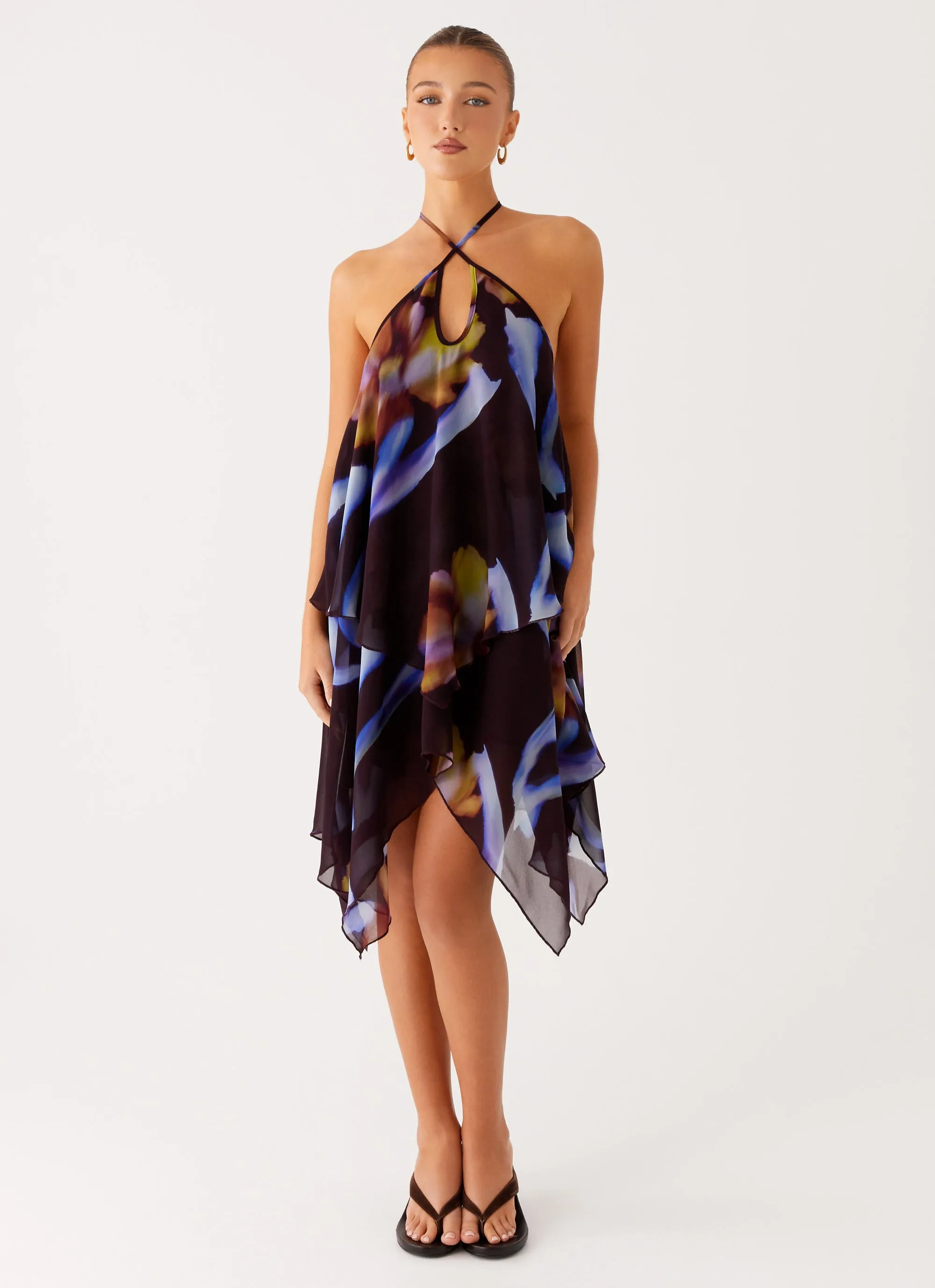 Sophisticated Waistband Fit Verbena Midi Dress - Dark Floral