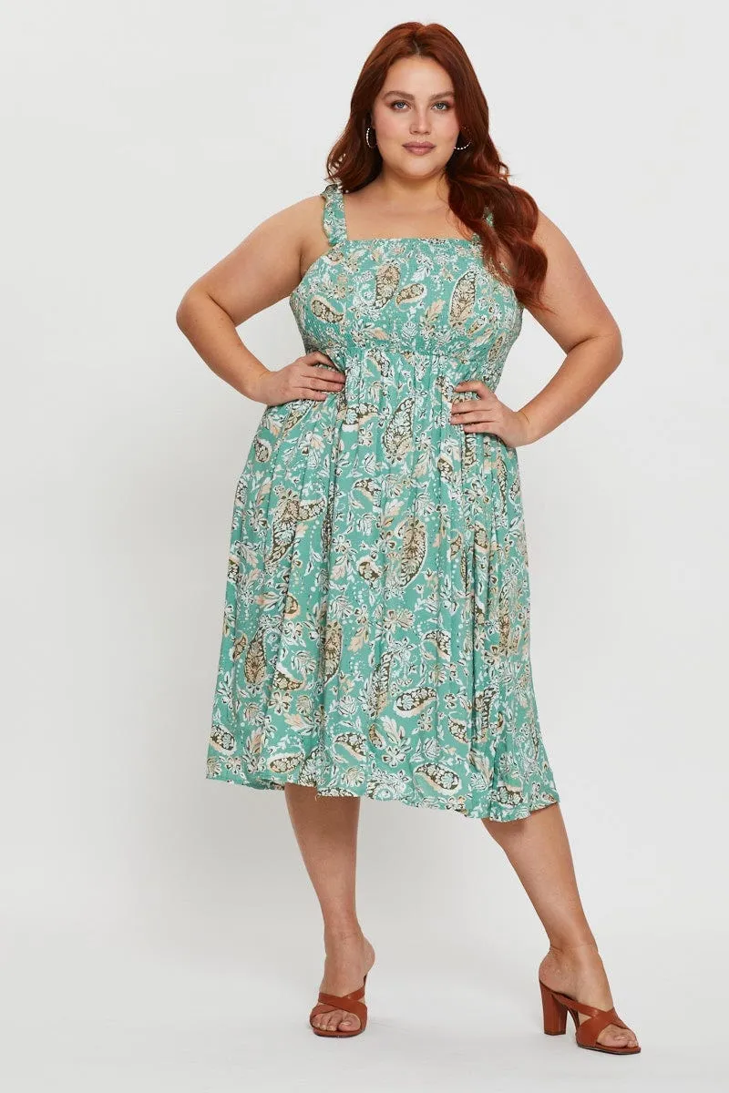 Floral Print Midi Dress Square Neck Sleeveless Elegant Waistband Fit Comfortable Style