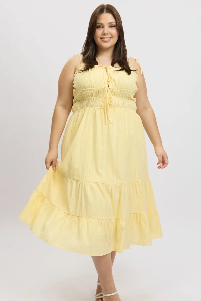 Stream Cut Belt Waist Yellow Midi Dress Sleeveless Tie Front Tiered Textured