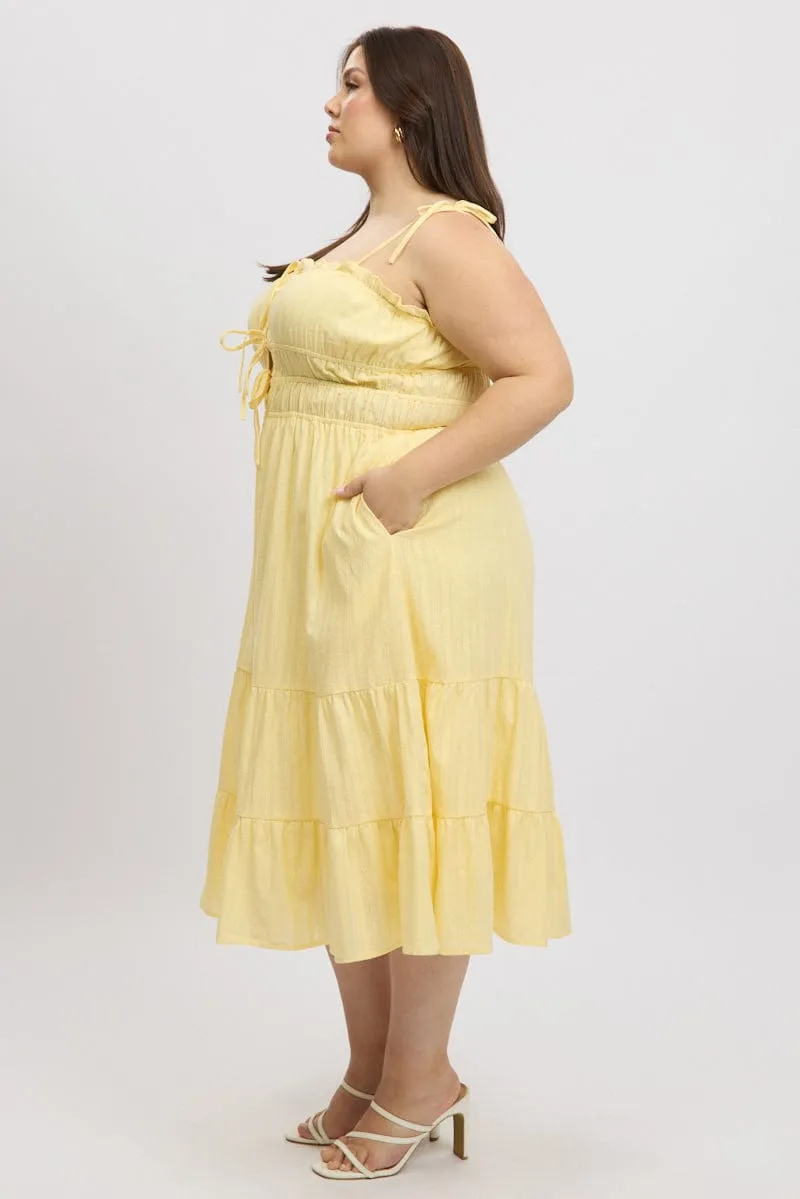 Yellow Midi Dress Sleeveless Tie Front Tiered Textured Urban Line SmoothEdgeFinish