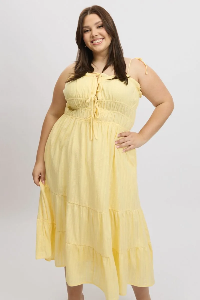 Yellow Midi Dress Sleeveless Tie Front Tiered Textured Zip-Closure Fresh Look