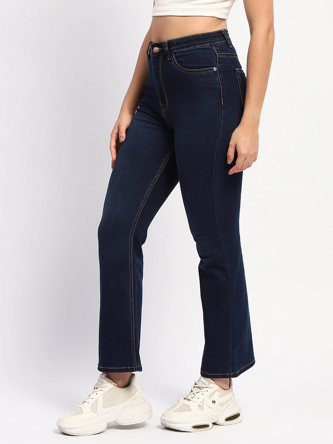 Timeless Option Smart Fit Design Madame Solid Blue Flared Fit Denim