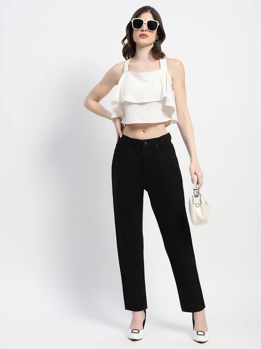 Premium Cotton Blend Madame Straight Fit Solid Black Denim