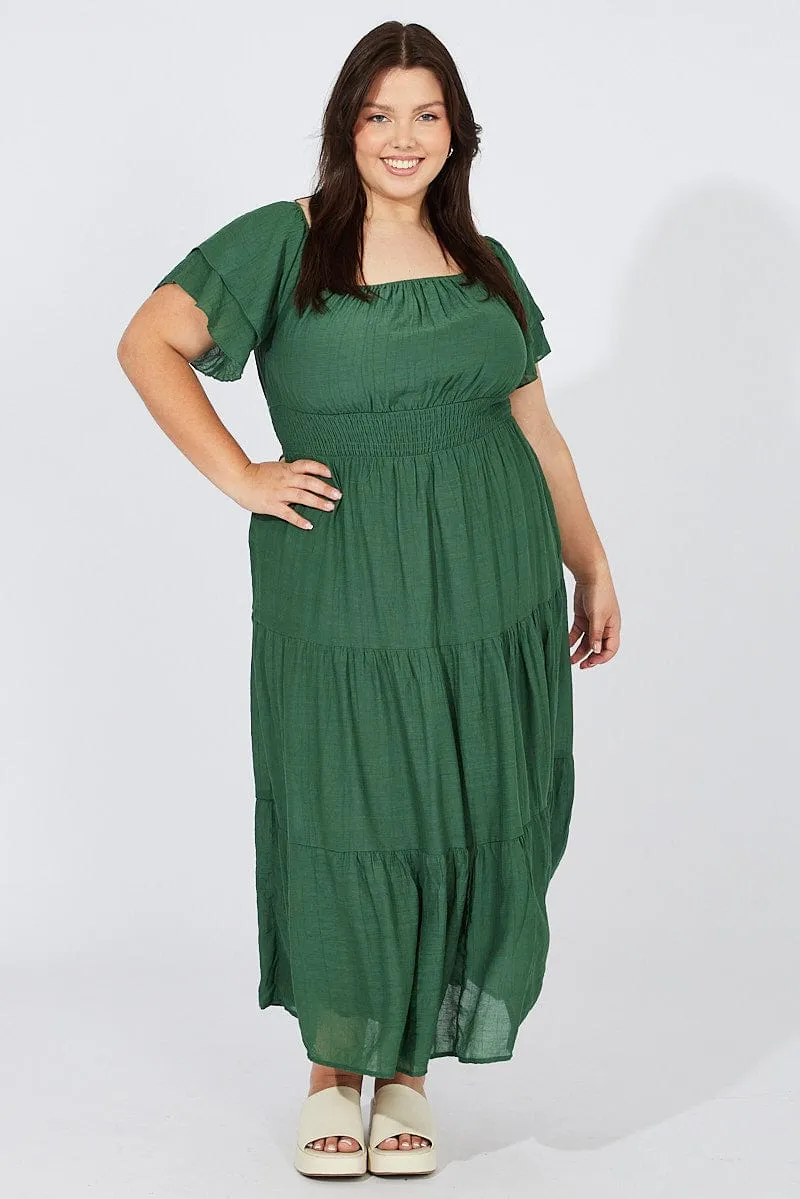 Green Off Shoulder Layer Midi Dress Summer Ready