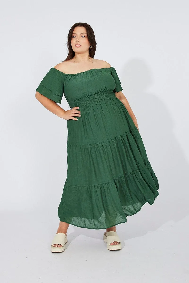 Kind Glow Green Off Shoulder Layer Midi Dress