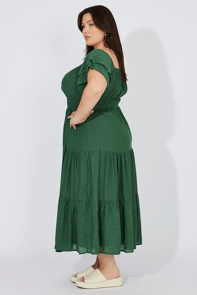 Green Off Shoulder Layer Midi Dress Breathable Wearable Sleek Draping