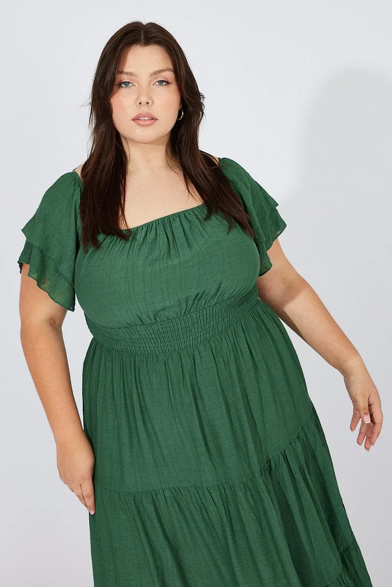 Green Off Shoulder Layer Midi Dress Tiered Skirt Fit Easy