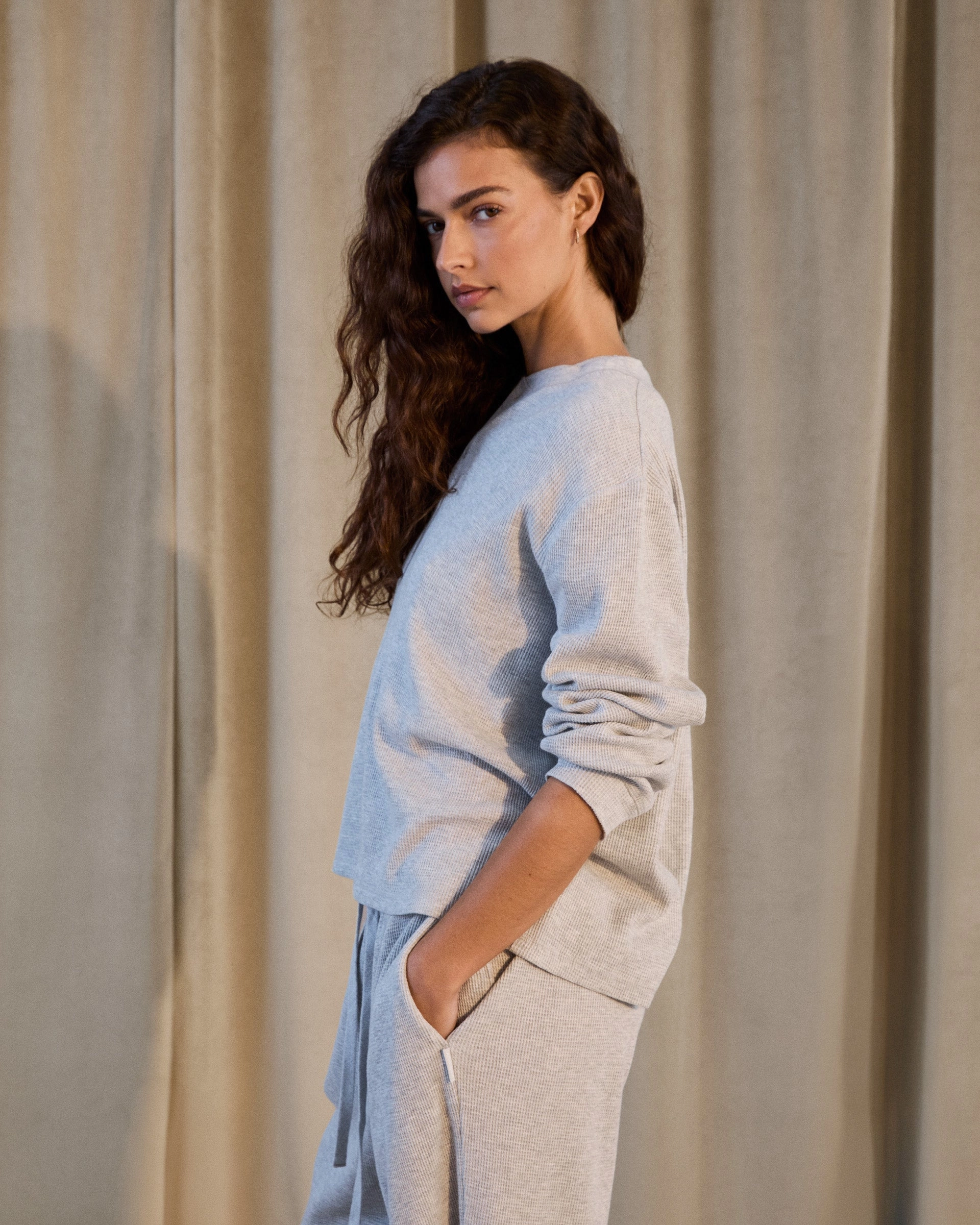 Waffle Henley Long Sleeve T-shirt - Light Grey Melange AdaptiveFitFabric Non Closure Collar