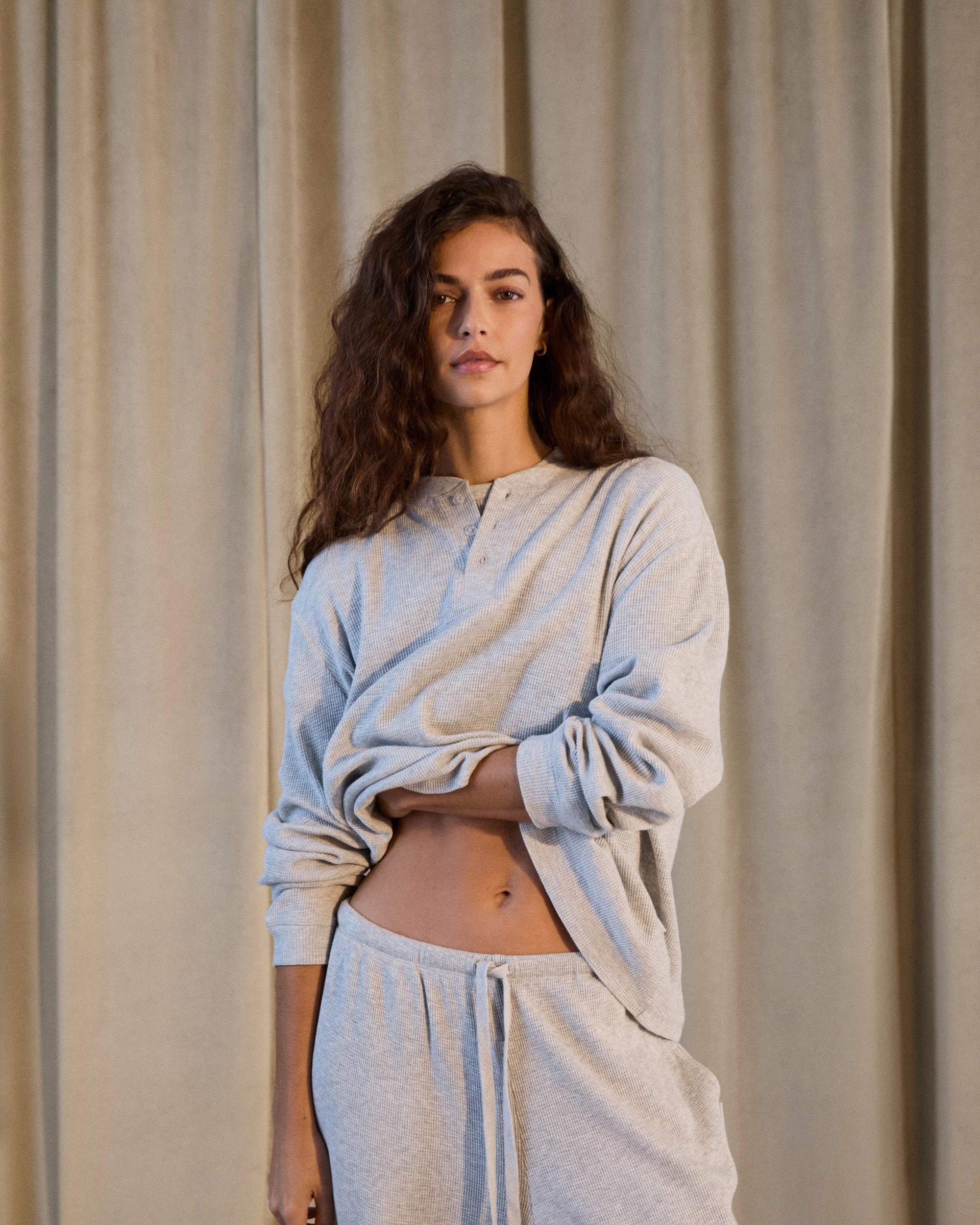 Waffle Henley Long Sleeve T-shirt - Light Grey Melange FoamReinforcedCollar MeshLining