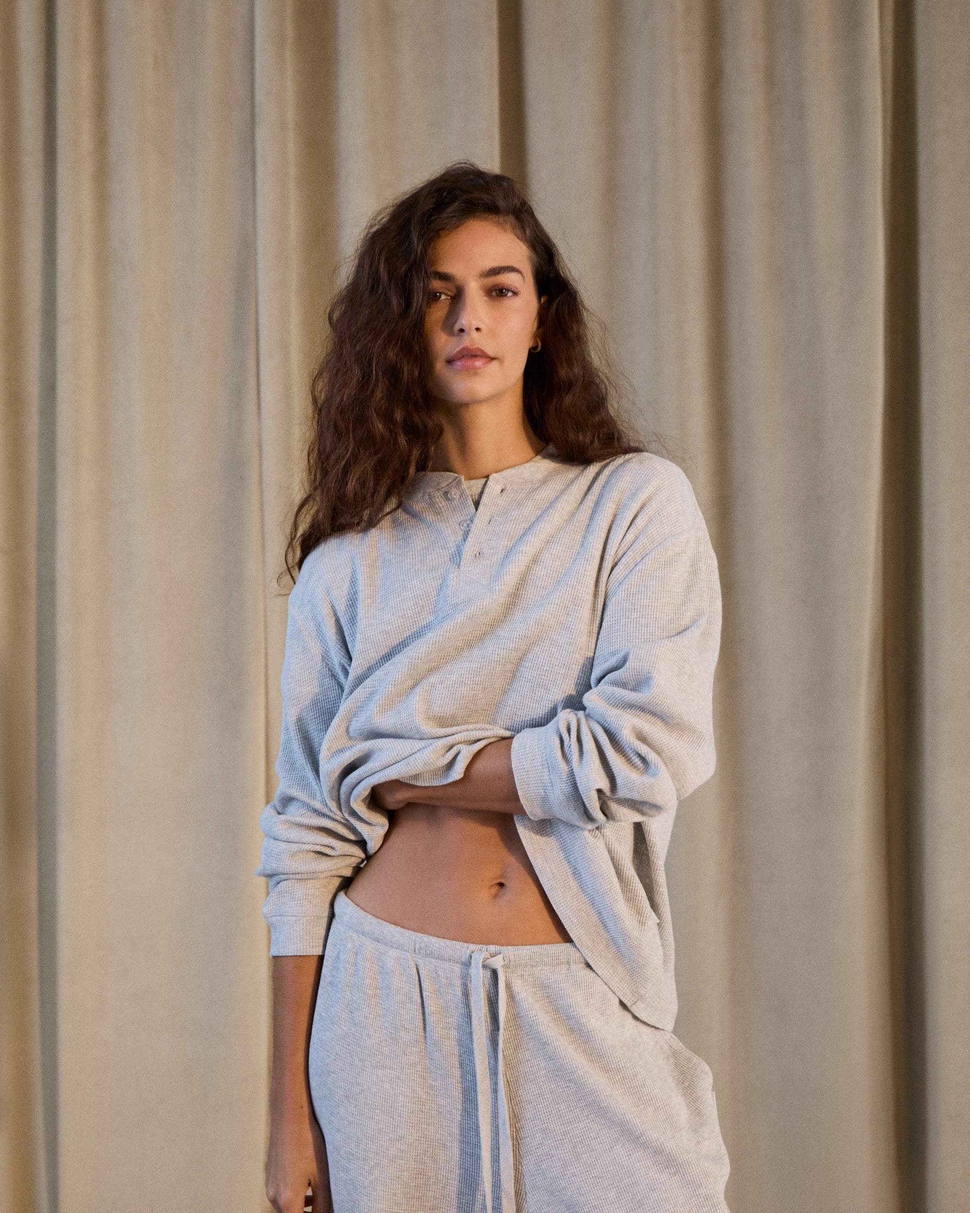 AntiStatic Material Temperature Control Technology Waffle Henley Long Sleeve T-shirt - Light Grey Melange