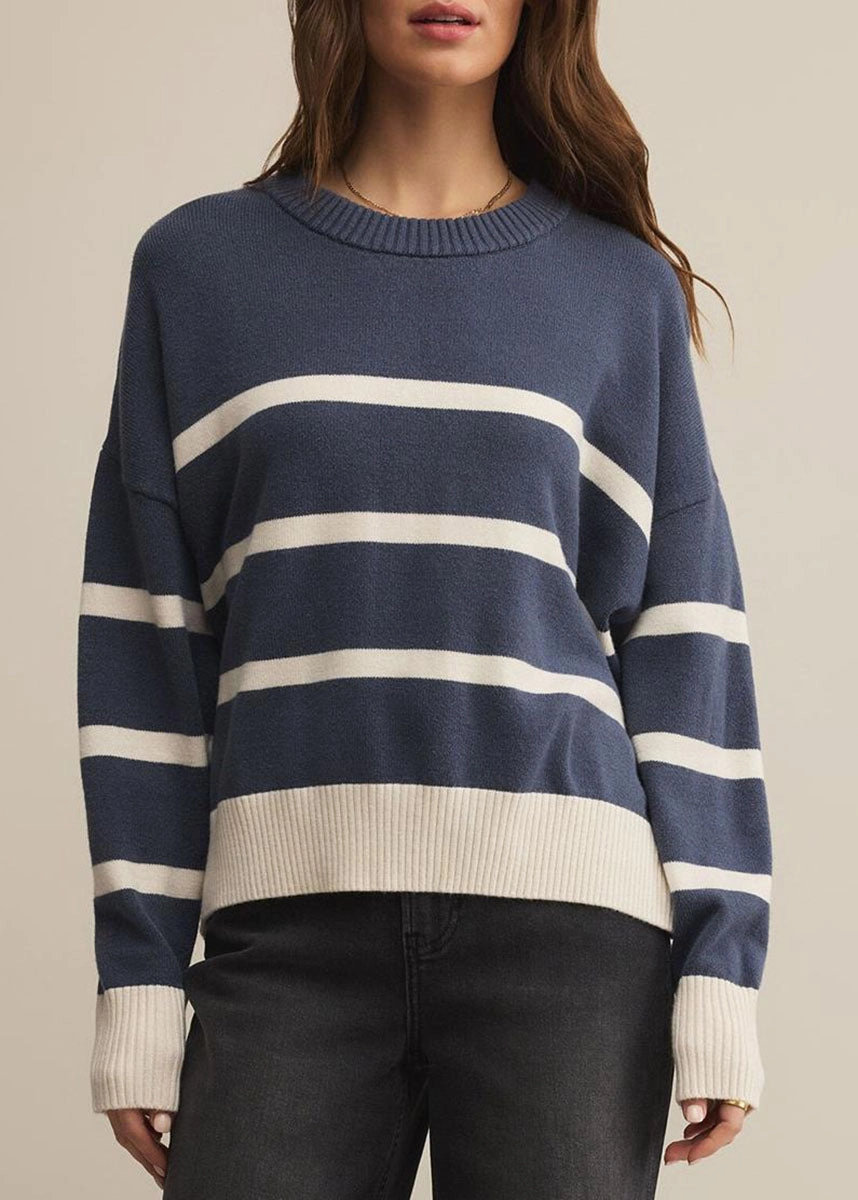 Jordane Striped Sweater - Storm Cloud Heather Drop Needle Detailing Functional Layers