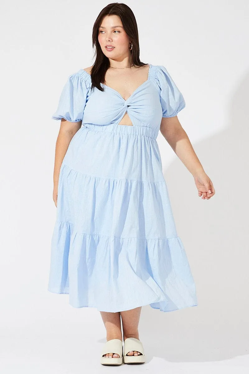 Statement-Buttons Blue Midi Dress Short Sleeve Tiered Cotton