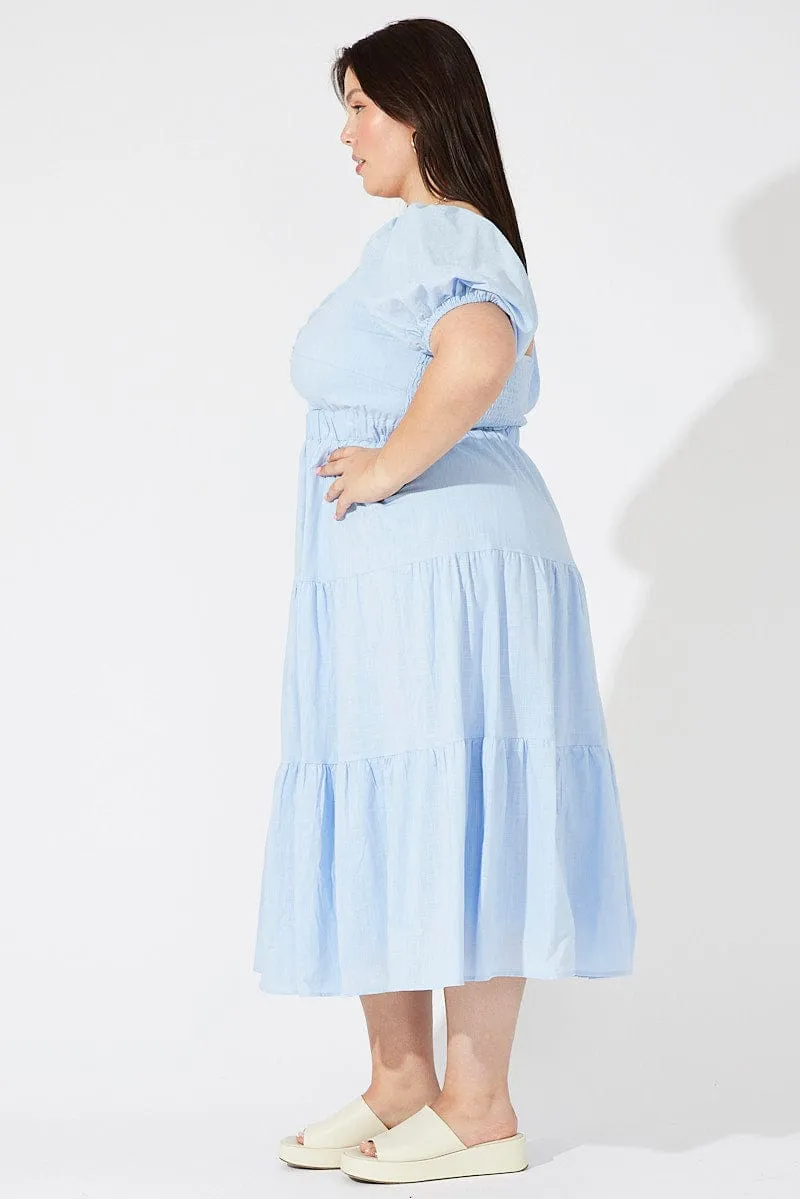 Summer Mood Blue Midi Dress Short Sleeve Tiered Cotton