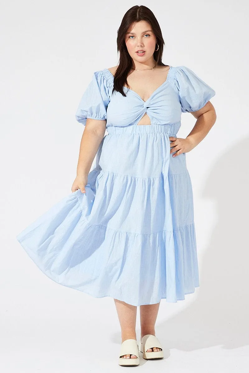 Blue Midi Dress Short Sleeve Tiered Cotton Pearl-Detail