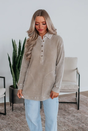 Sallie Waffle Knit Top - Smokey Taupe Casual Cozy