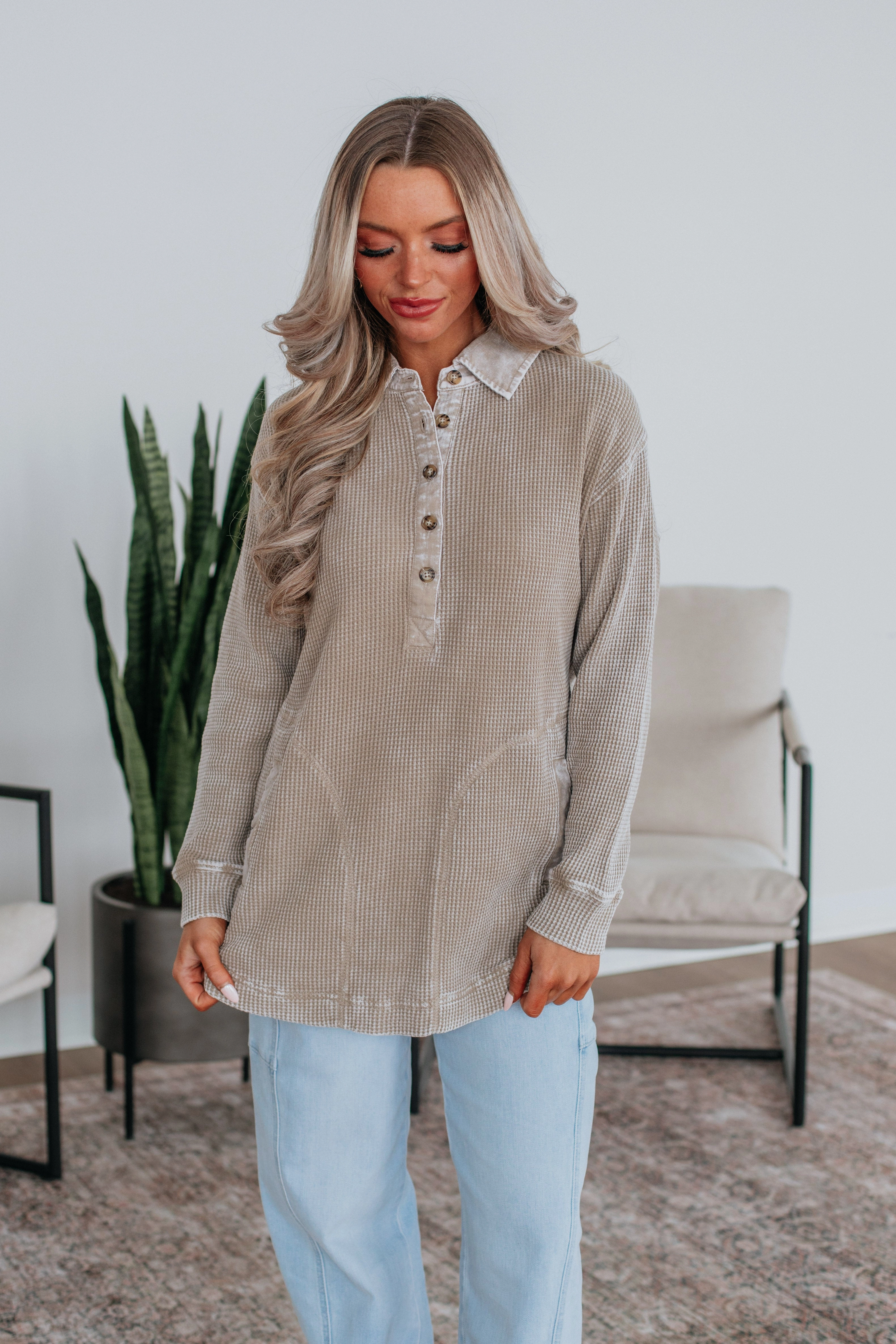 Sallie Waffle Knit Top - Smokey Taupe Casual Cozy