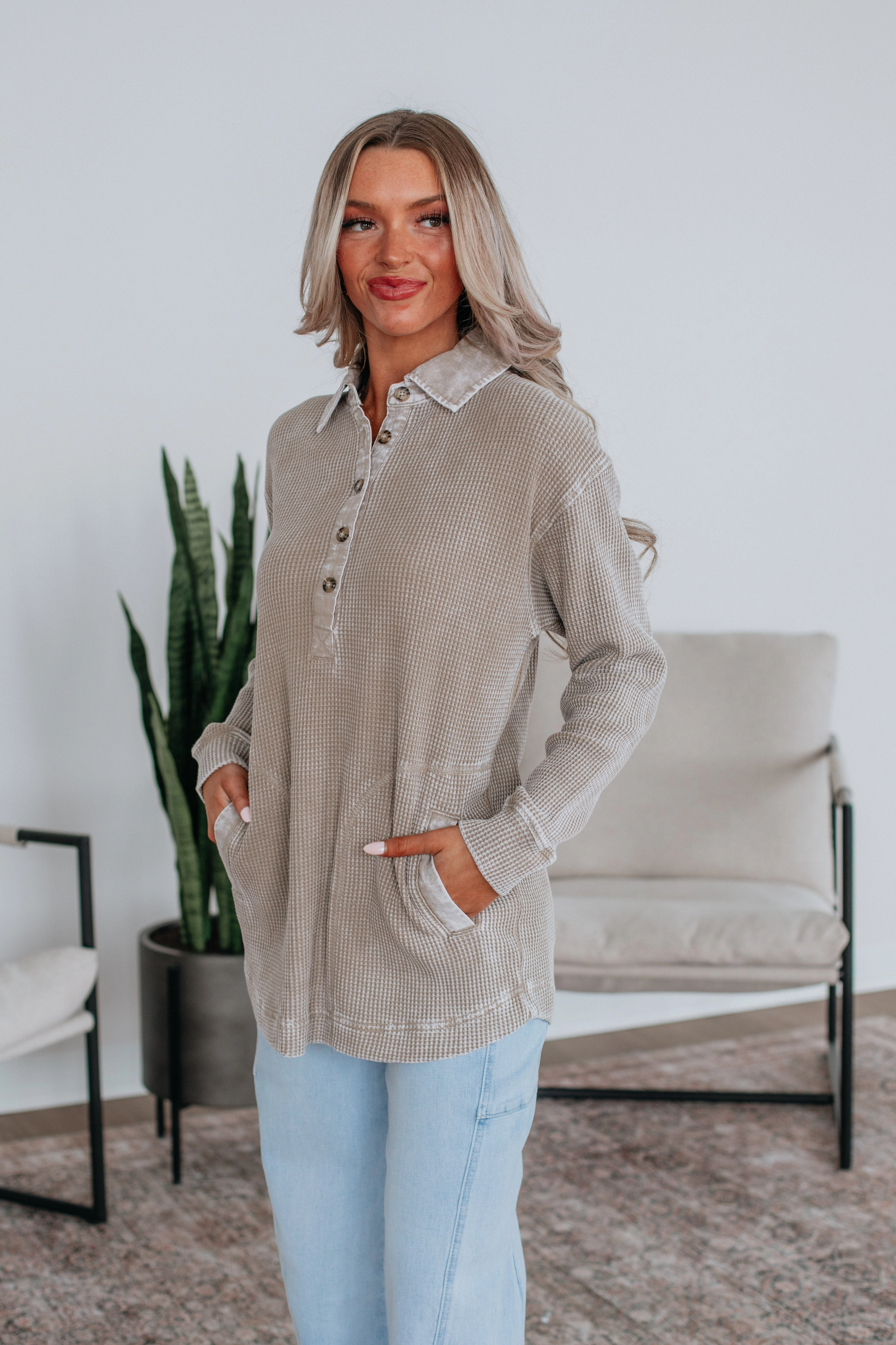 Eco Friendly Dye Process Sallie Waffle Knit Top - Smokey Taupe