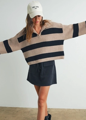 Sport Flex Hypoallergenic Fiber Beck Striped Wide Collar Sweater - Taupe & Black