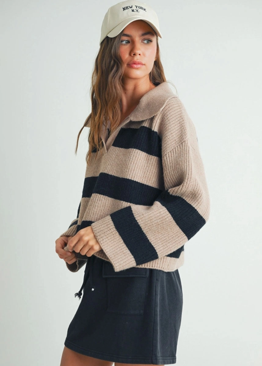 Beck Striped Wide Collar Sweater - Taupe & Black Warm Touch