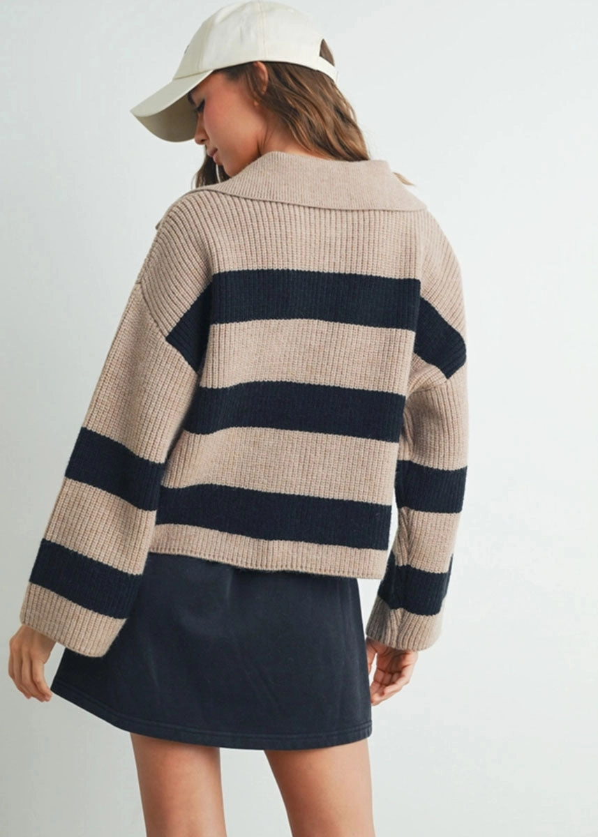 Beck Striped Wide Collar Sweater - Taupe & Black Flexible Comfort Breathable Stretch