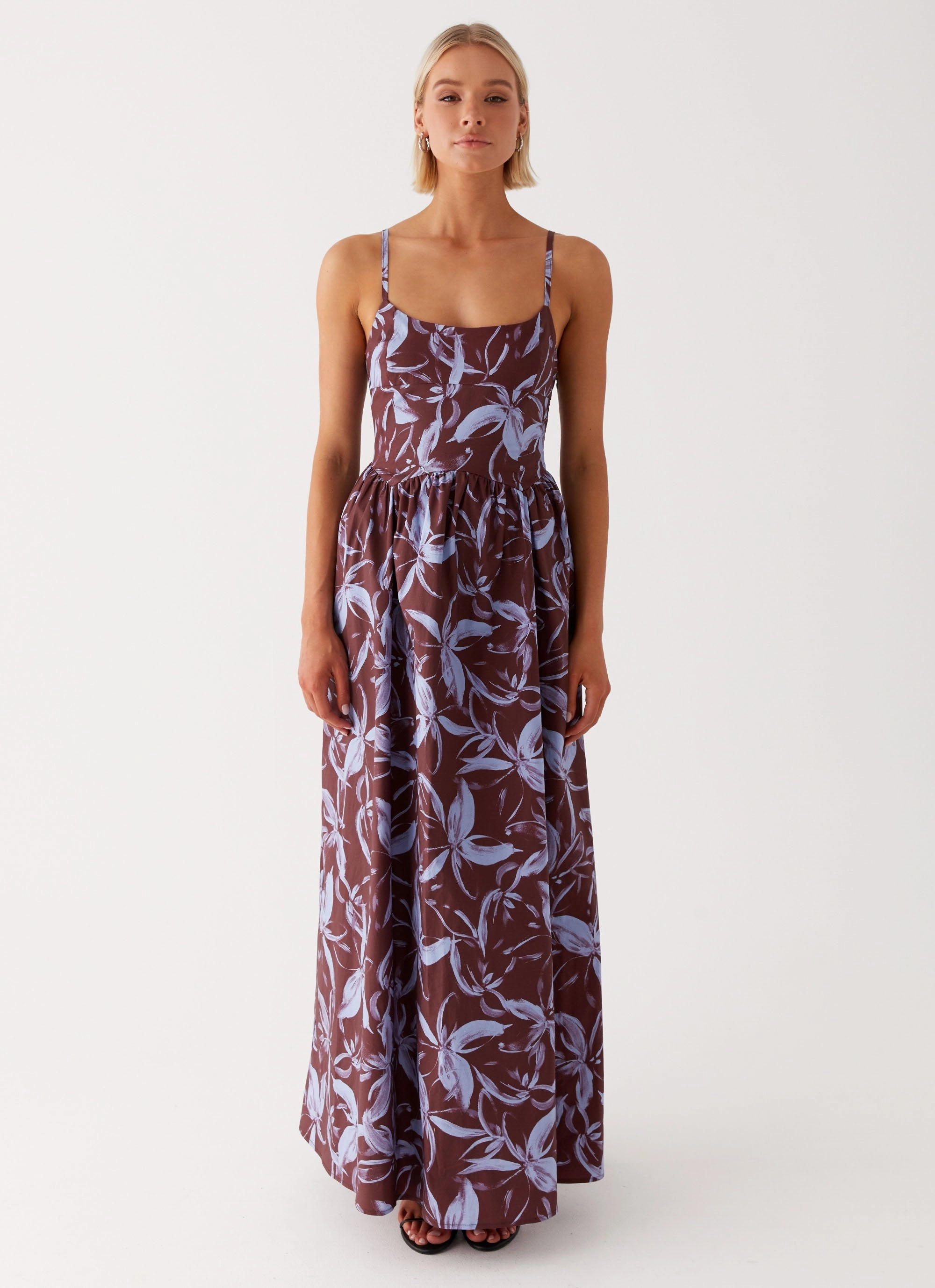 Tesoro Maxi Dress - Brown Purple Floral Pink Glow A-Line