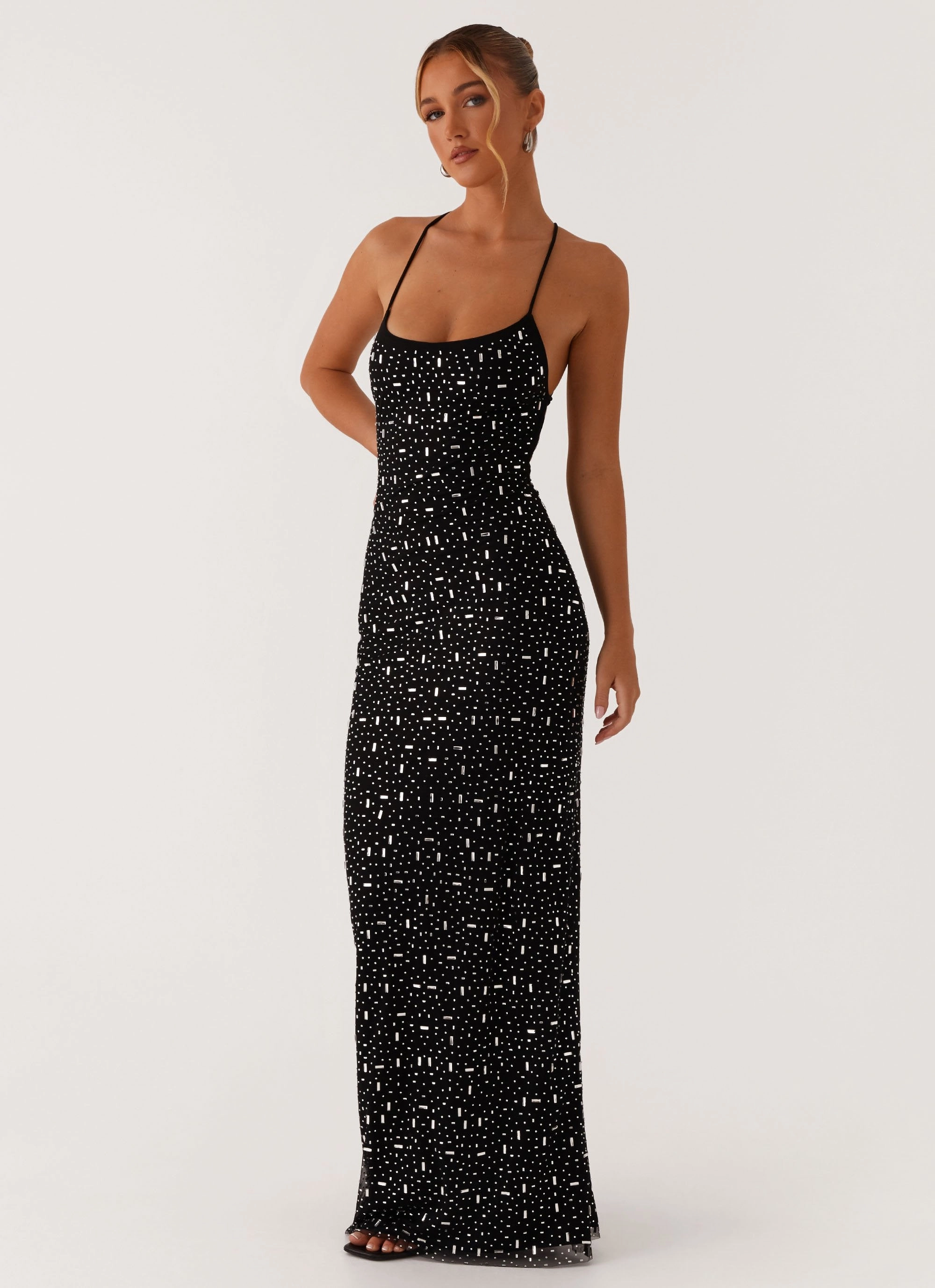 Silk Shine Front-Zip Cressida Rhinestone Mesh Maxi Dress - Black