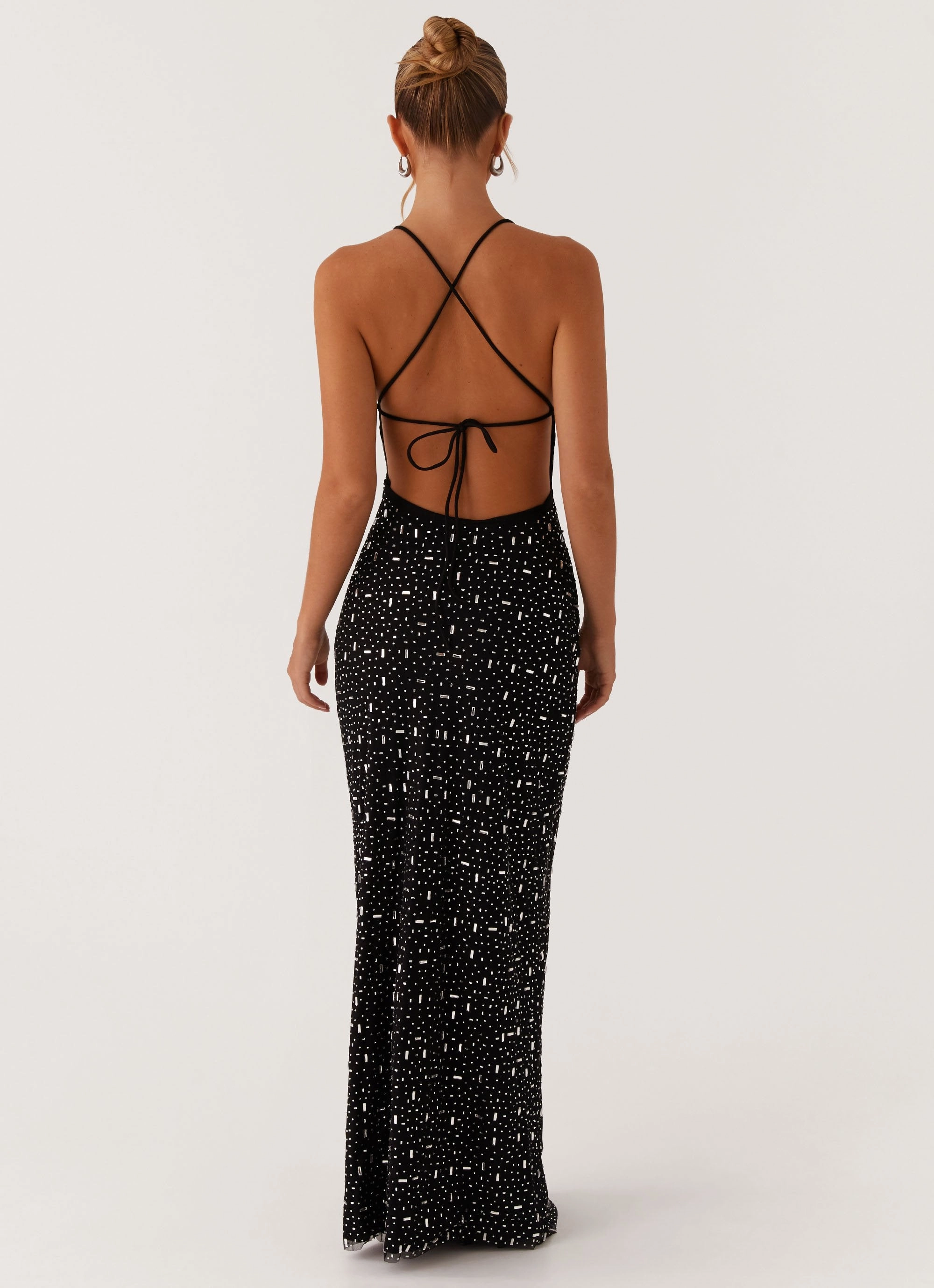 High Hemline Cressida Rhinestone Mesh Maxi Dress - Black