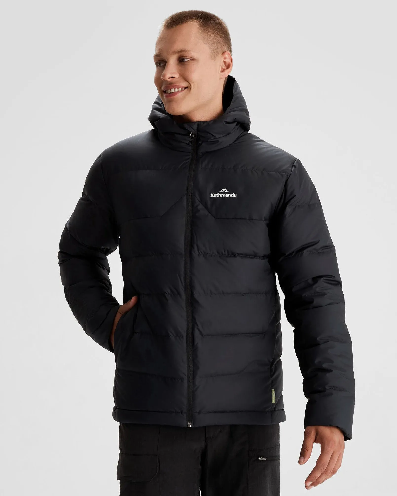 Men's Epiq Hooded Down Jacket - Black/Black Softshell Material