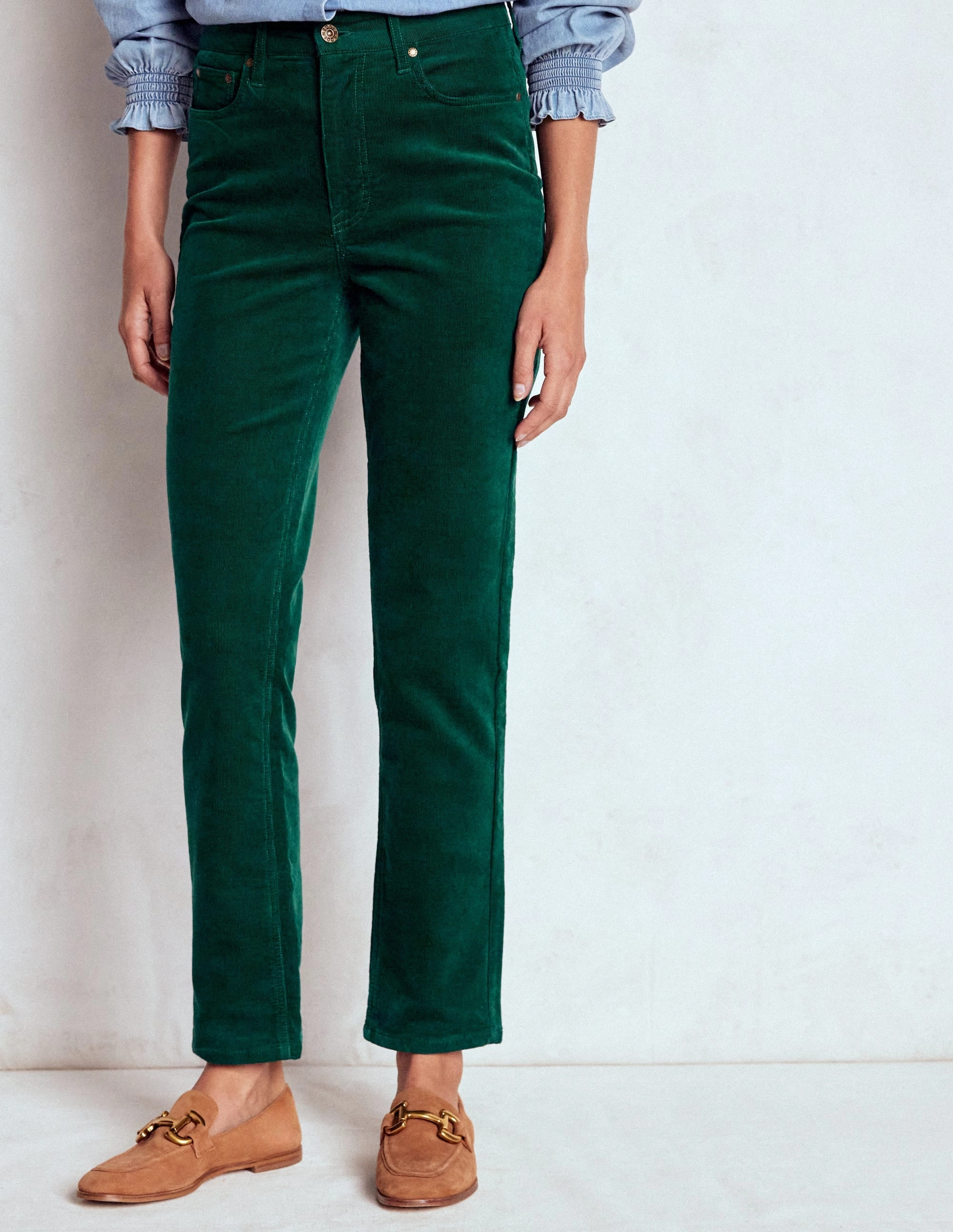 High-Waisted Cord Slim Jeans-Green Smart Comfort
