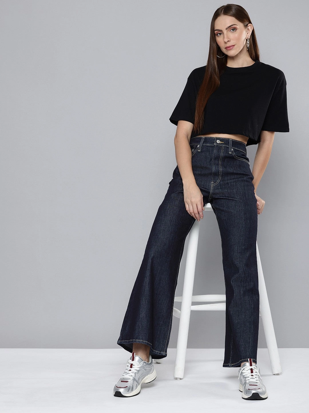 Women's Blue Ribcage Bell Bottom Wide Leg Fit High Rise Jeans Fashion Lover Youth Style Smooth Travel Outfit Chill Outfit Date Night