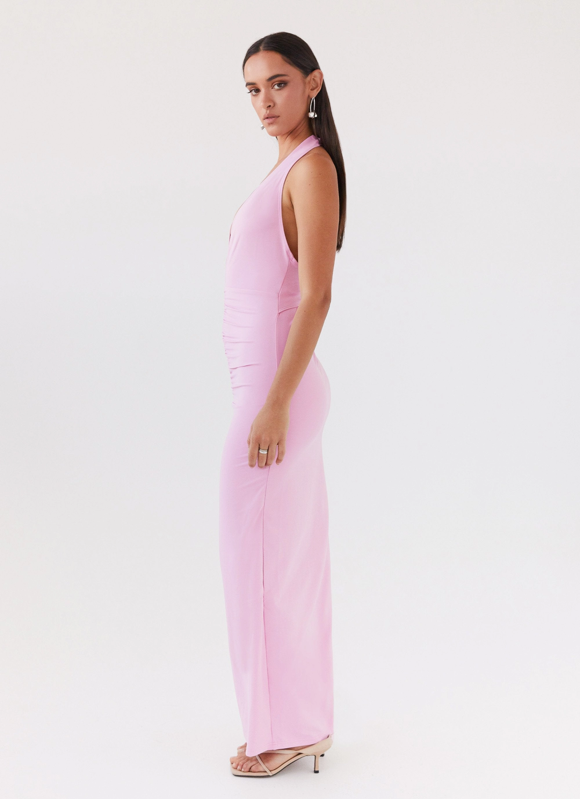 Whisked Away Halterneck Maxi Dress - Pink Minimalist Waistband