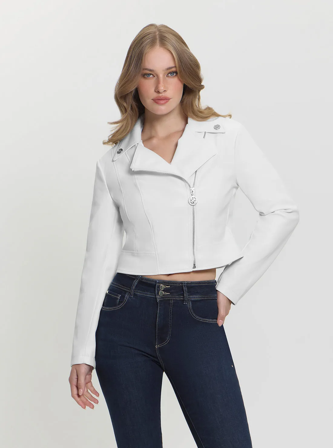 Moisture Managing Layer White Clemence Faux-Leather Jacket