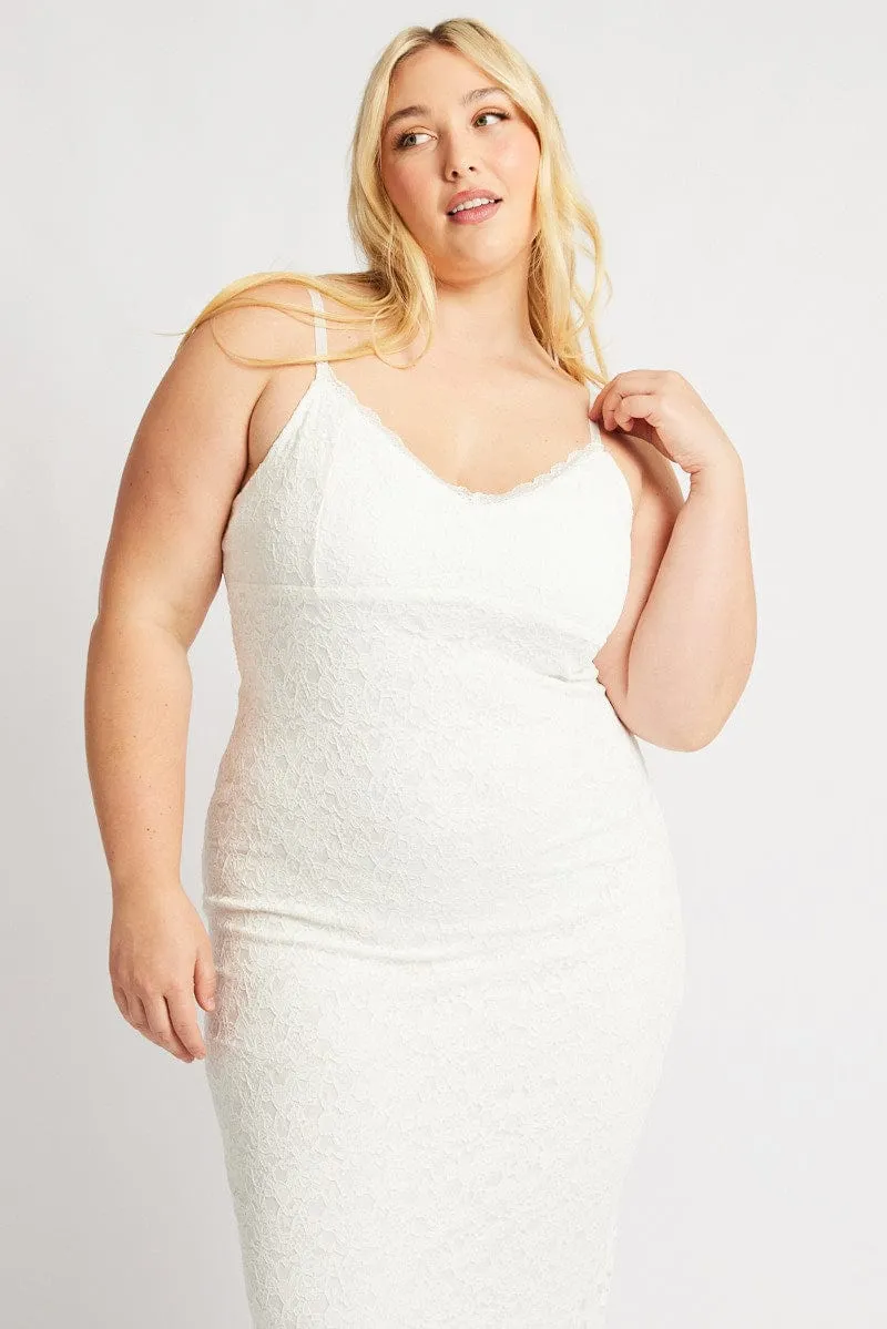 White Lace Bodycon Midi Dress Classic Flow Edgy-Look