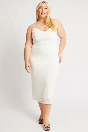 White Lace Bodycon Midi Dress Puff-Sleeve