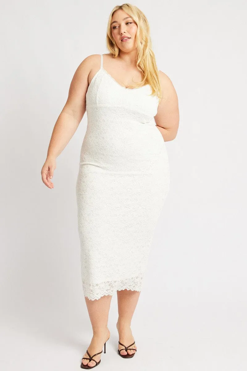 Flattering Shape Look White Lace Bodycon Midi Dress