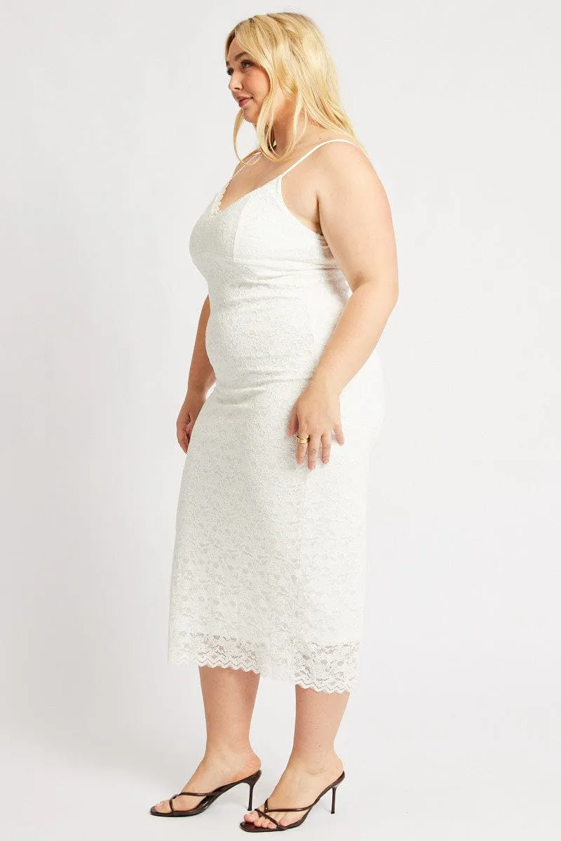 Side Slit Sleeveless Cut White Lace Bodycon Midi Dress