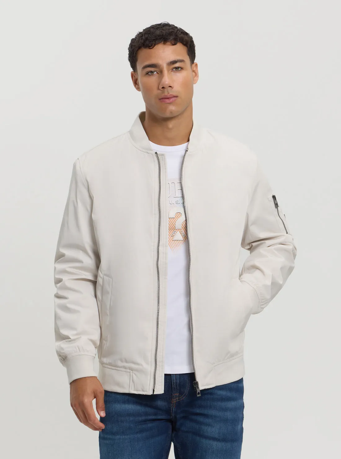 Plaid Design Refined Style White Satin Bomber Jacket