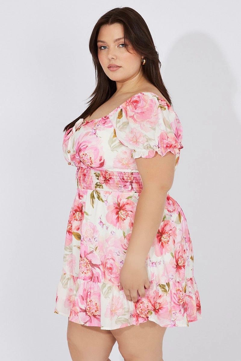 Daily Mood White Floral Fit And Flare Dress Short Sleeve Ruched Bust