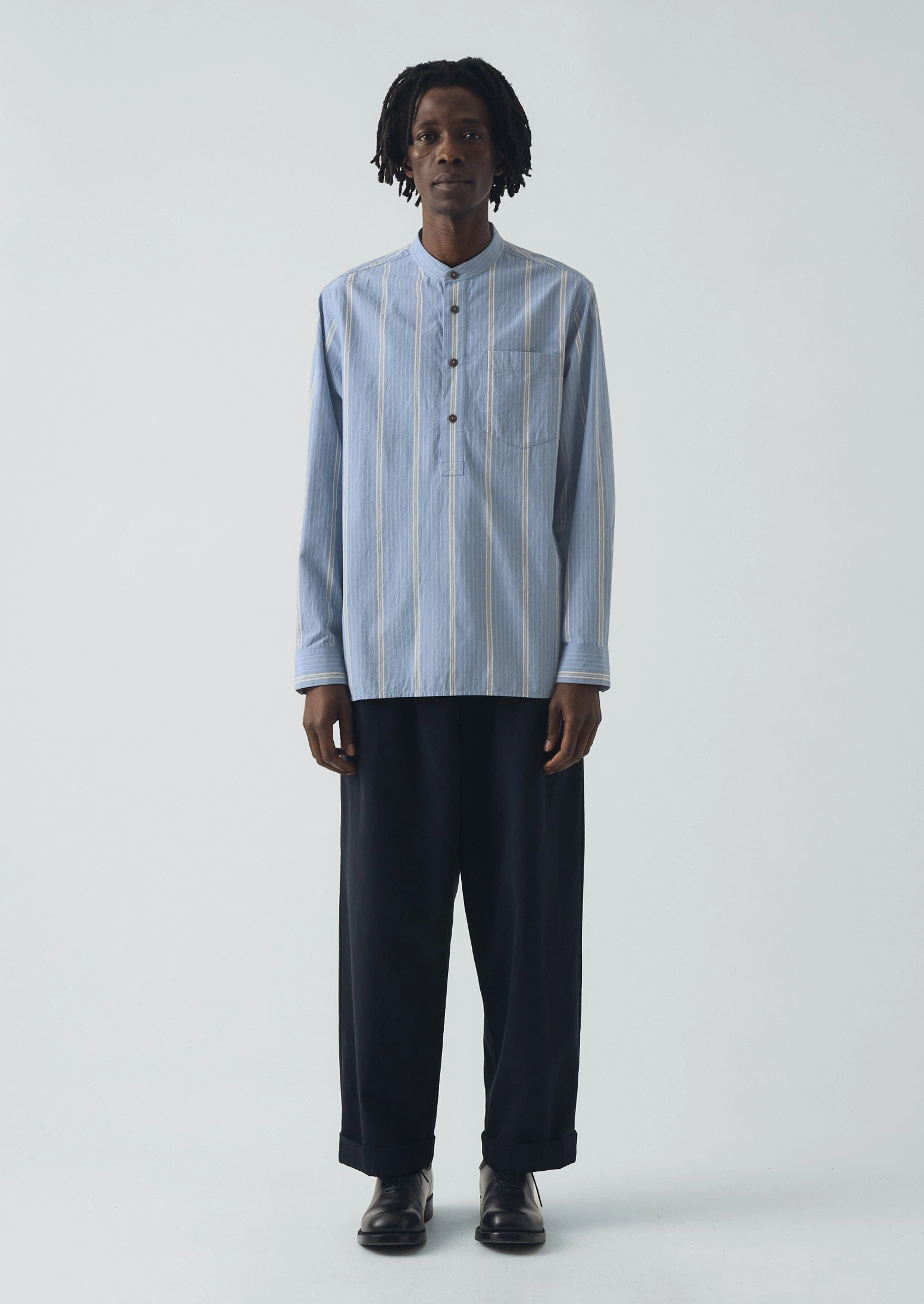 Holiday Travel Smart Casual Wide Stripe Popover Grandad Shirt | Chambray Blue