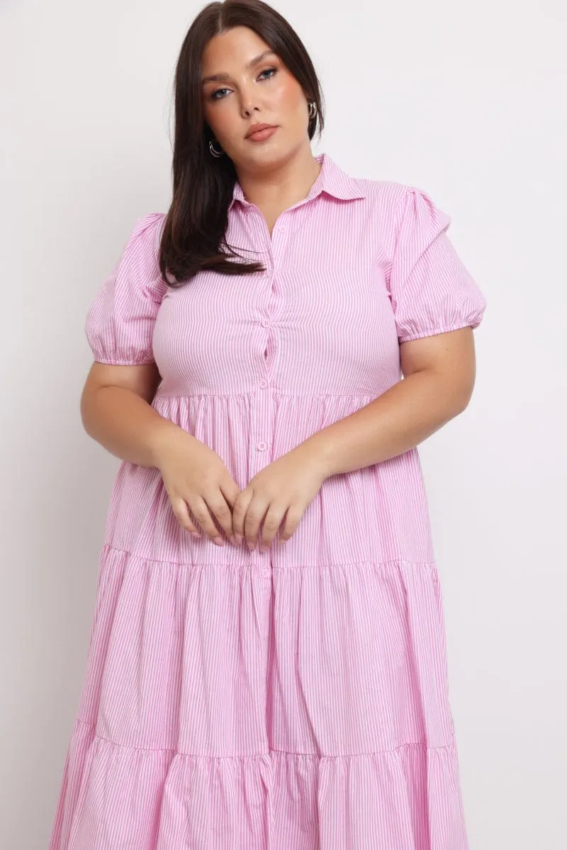 Flattering Silhouette Wear Pink Stripe Shirt Dress Short Sleeve Tiered