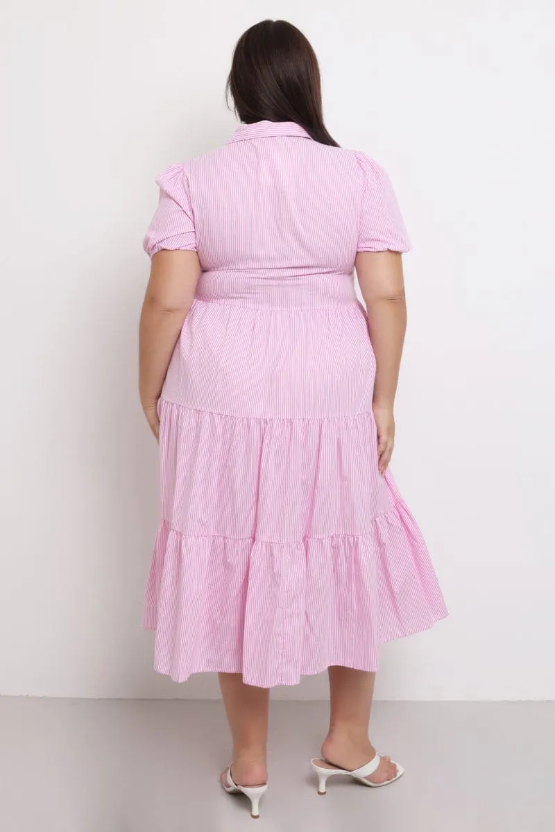 Subtle Lines Pink Stripe Shirt Dress Short Sleeve Tiered