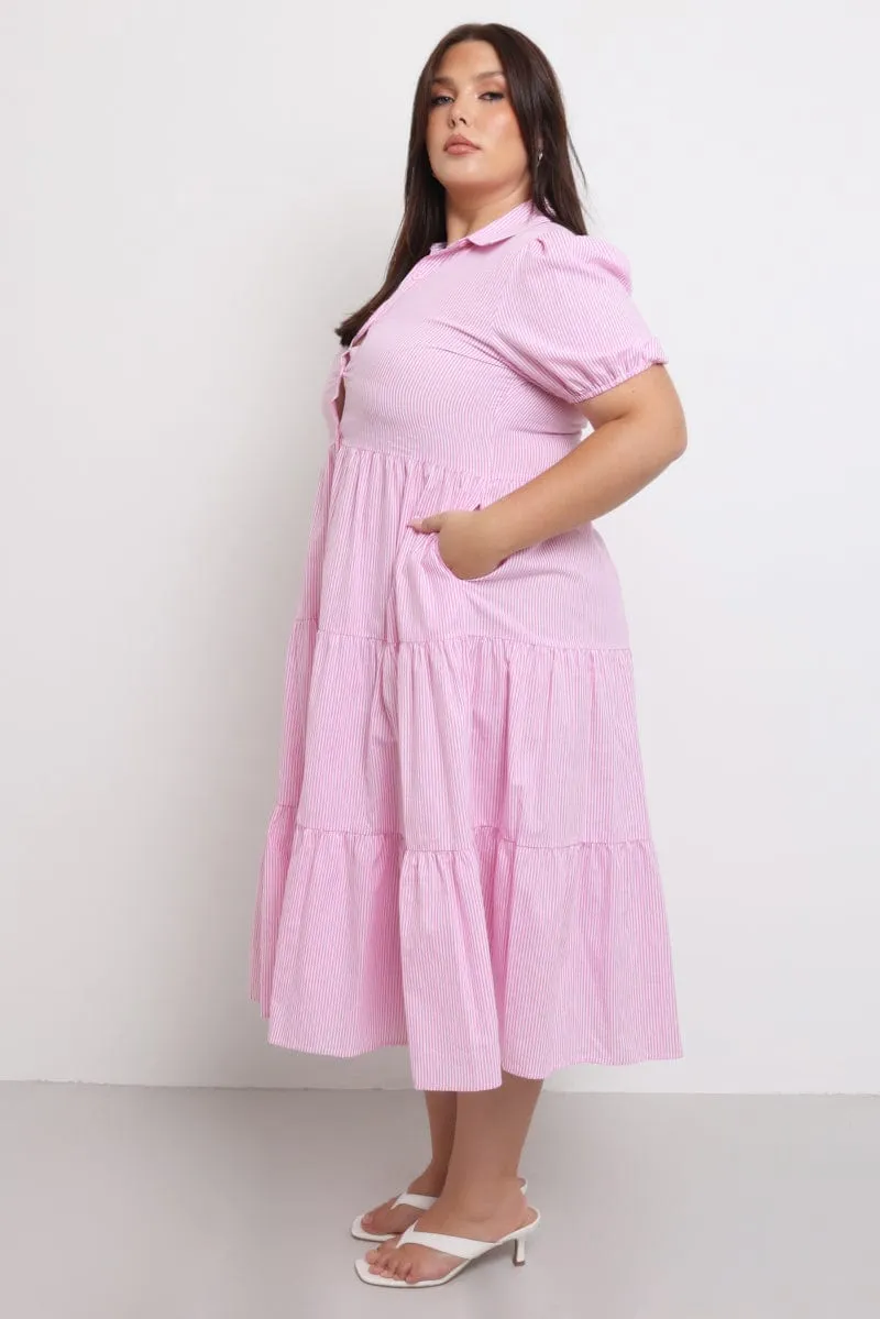 Pink Stripe Shirt Dress Short Sleeve Tiered City Casual