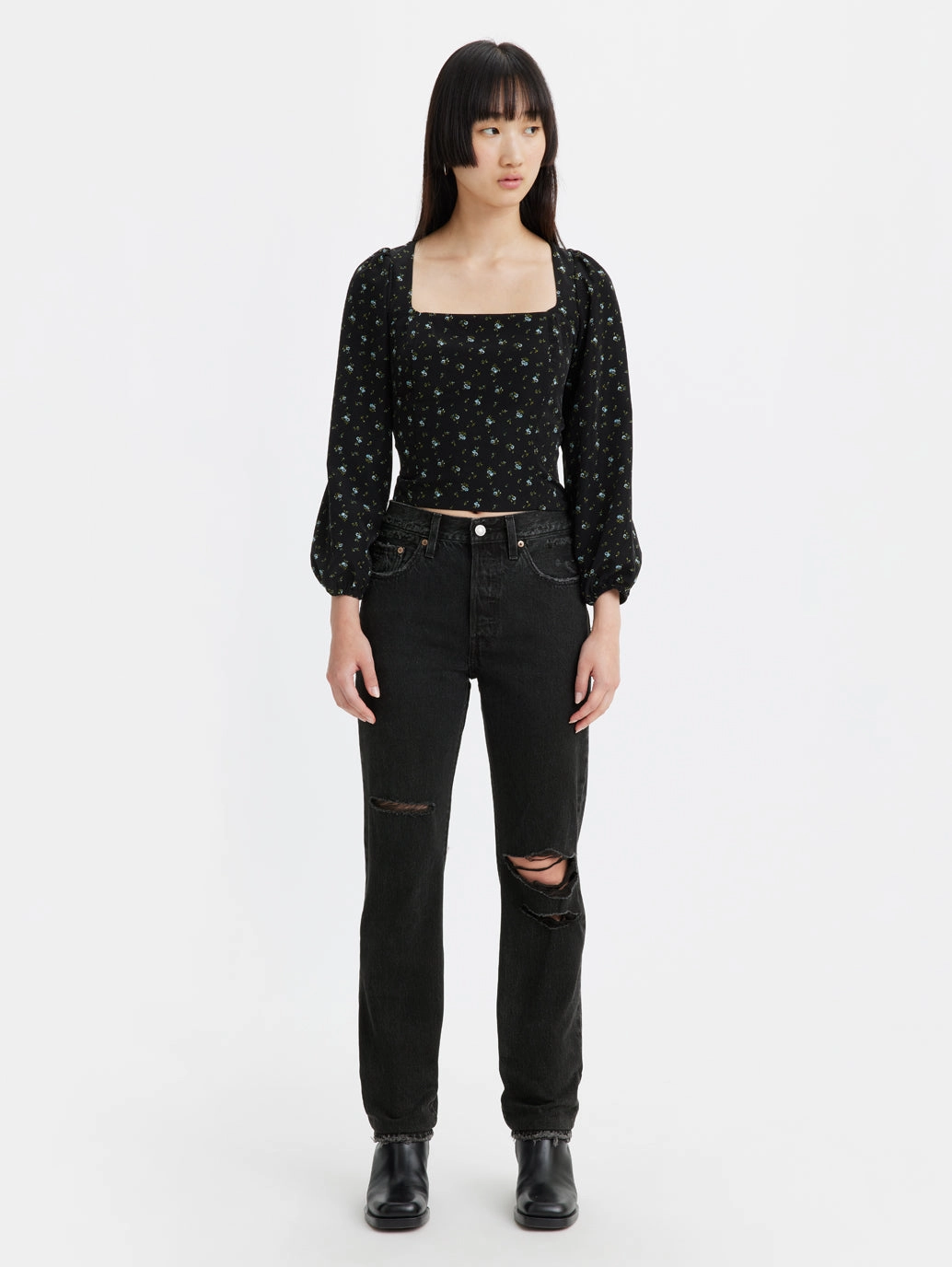 Durable Build Double Stitched Seams Women's 501 Black Straight Fit Mid Rise Jeans