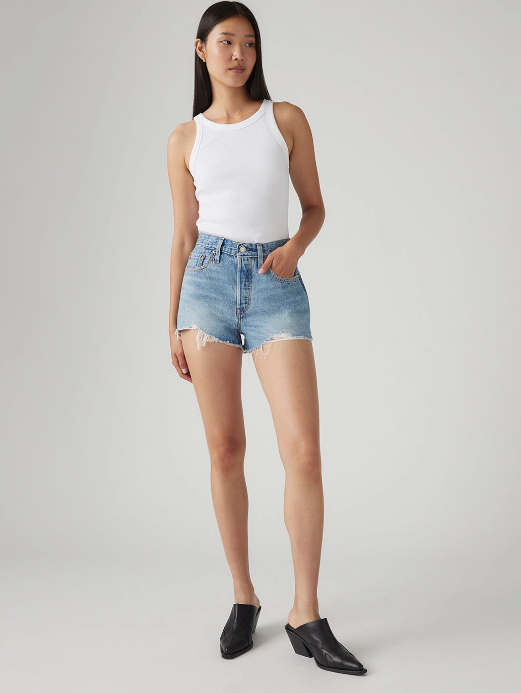 Soft Elastic Slim Stretch Women's 501 Mid Rise Blue Straight Fit Shorts