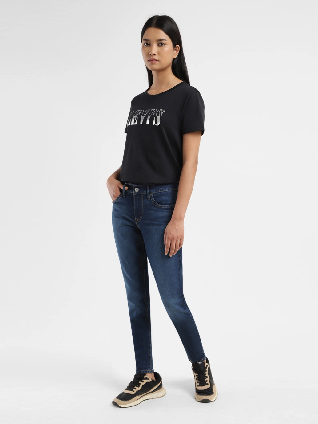 Women's 710 Navy Blue Skinny Fit Mid Rise Jeans Smooth Creative Look Adult Fashion Textured Smart Casual Road Trip